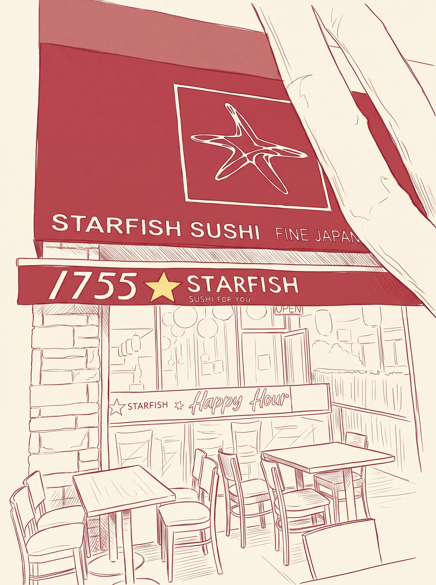 Line sketch of the real Starfish storefront, red awning, large tree and sidewalk tables