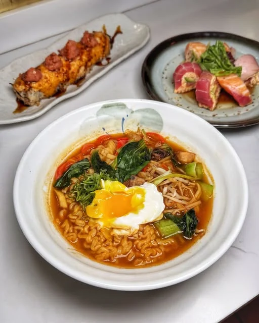 Ramen with an egg and vegetables, with sushi plates behind it